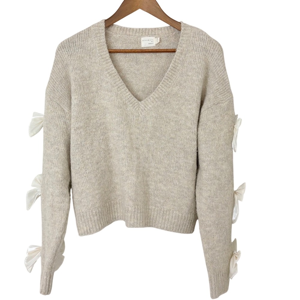 Dreamers Bow Sleeve Sweater Women M Beige V-Neck Satin Coquette Softgirl Cozy